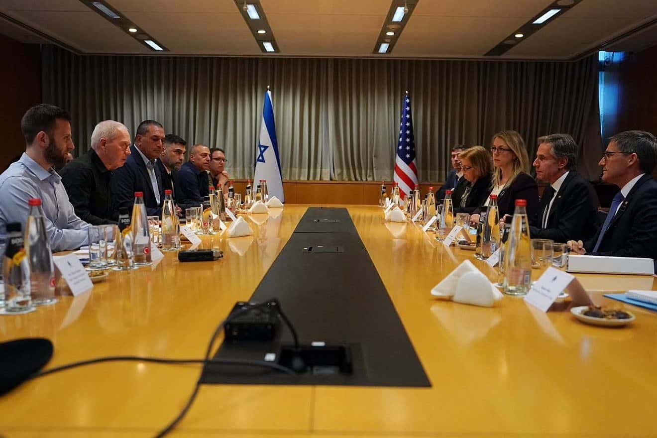 Defense Minister Yoav Gallant and his team meet with Secretary of State Antony Blinken and his team in Tel Aviv, Oct. 16, 2023. Photo by Ariel Hermoni/Israeli Ministry of Defense.