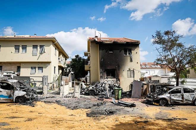The site after a rocket fired from the Gaza Strip landed into Israel in Mazkeret Batya, Oct. 7, 2023. Photo by Nati Shohat/Flash90.