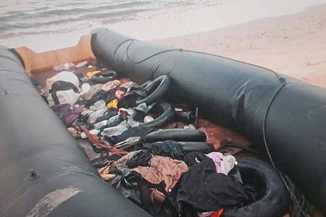 This rubber boat with documents belonging to foreign nationals washed ashore near Netanya, Oct. 1, 2023. Credit: Israel Police Spokesperson.