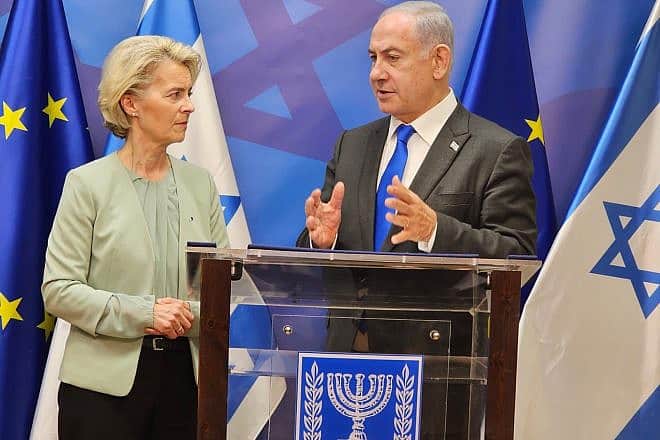 Israeli Prime Minister Benjamin Netanyahu meets with E.U. president Ursula von der Leyen at the Kirya in Tel Aviv on Oct. 13, 2023. Credit: GPO.