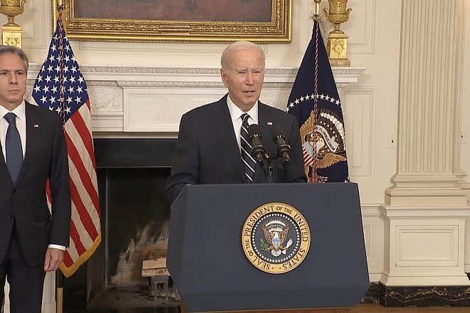 U.S. President Joe Biden speak on national television about the Hamas terrorist and rocket attacks on Israel, and existing hostage situation, with U.S. Secretary of State Antony Blinken at his side, on Oct. 7, 2023. Credit: YouTube/White House.