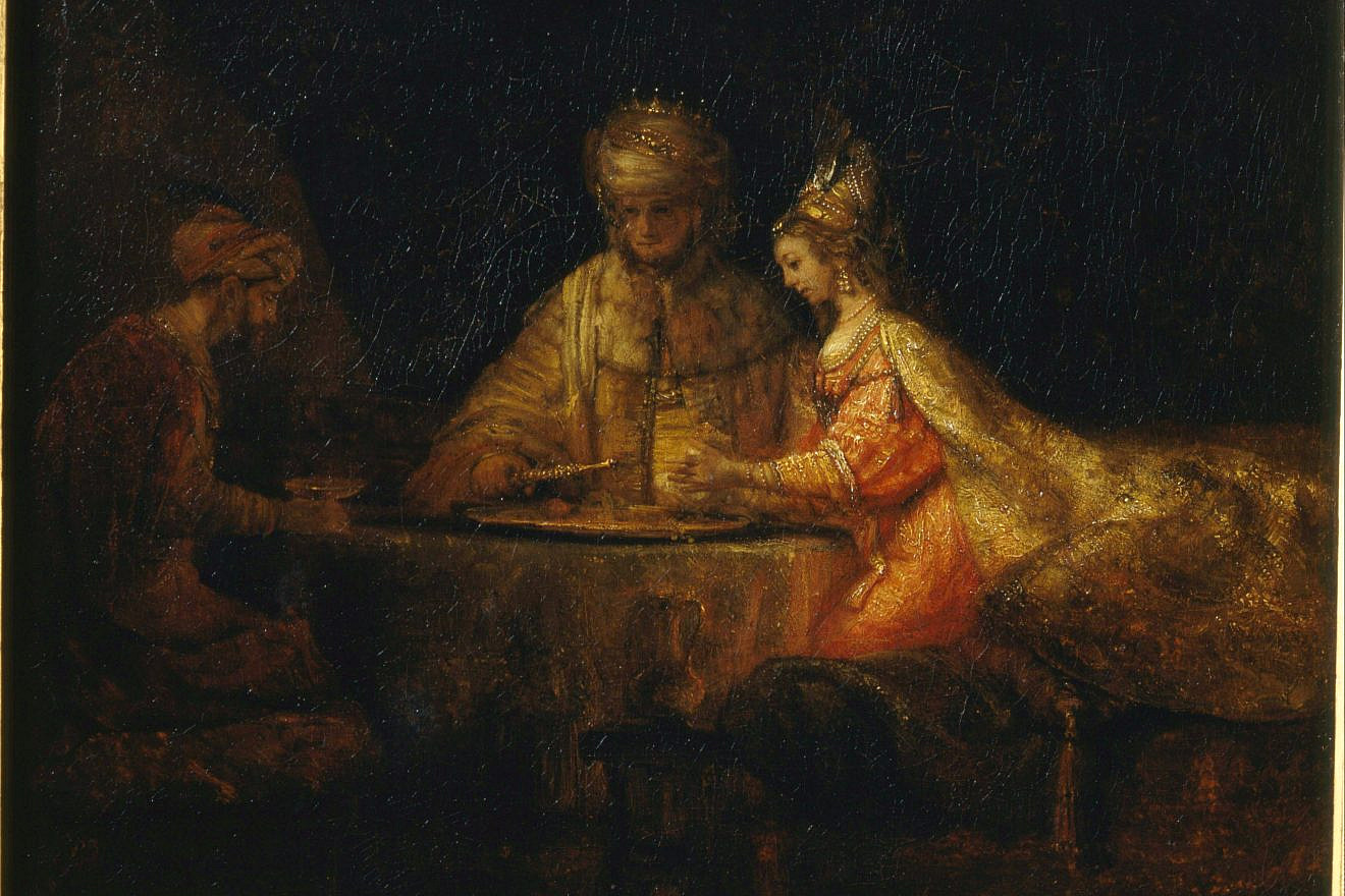 A painting of Esther, Ahasuerus and Haman by Rembrandt. Credit: Google Art Project/Wikipedia.