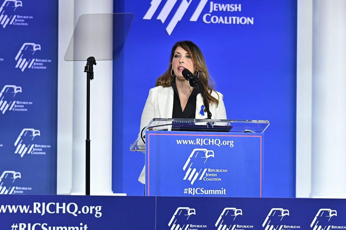 Ronna McDaniel, chairwoman of the Republican National Committee, speaks at the Republican Jewish Coalition’s annual Leadership Summit in Las Vegas on Oct. 28, 2023. Credit: Courtesy of the RJC.