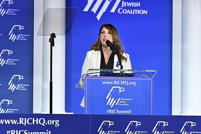 Ronna McDaniel, chairwoman of the Republican National Committee, speaks at the Republican Jewish Coalition’s annual Leadership Summit in Las Vegas on Oct. 28, 2023. Credit: Courtesy of the RJC.