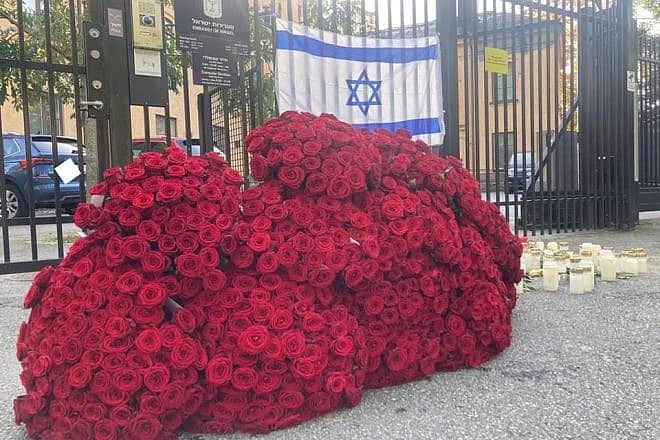 Roses at the memorial outside the embassy in Stockholm on Oct. 10, 2023. Credit: Embassy of Israel in Sweden Facebook page.