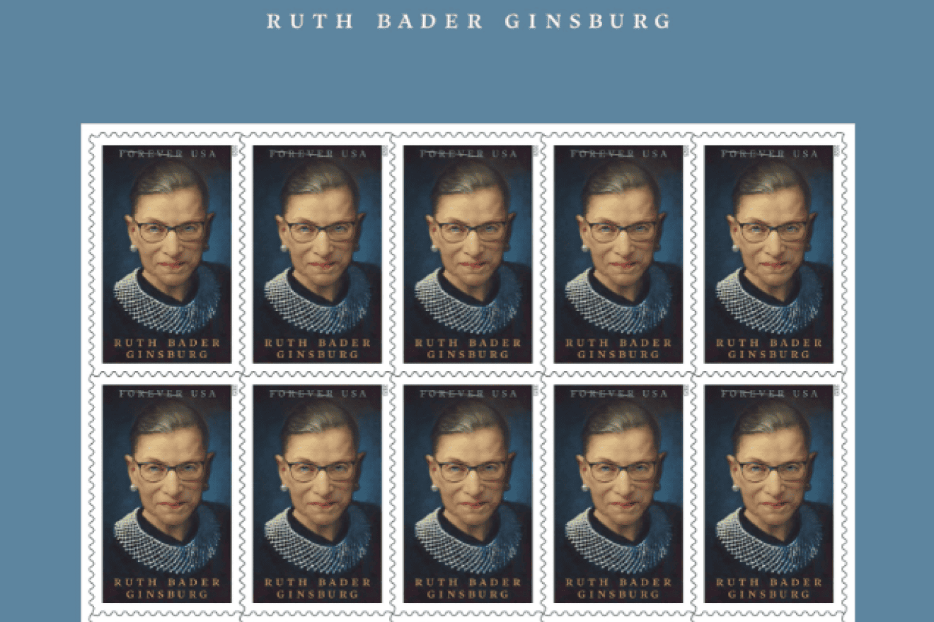 U.S. postal stamps featuring the late Jewish U.S. Supreme Court Justice Ruth Bader Ginsburg . Credit: U.S. Postal Service.