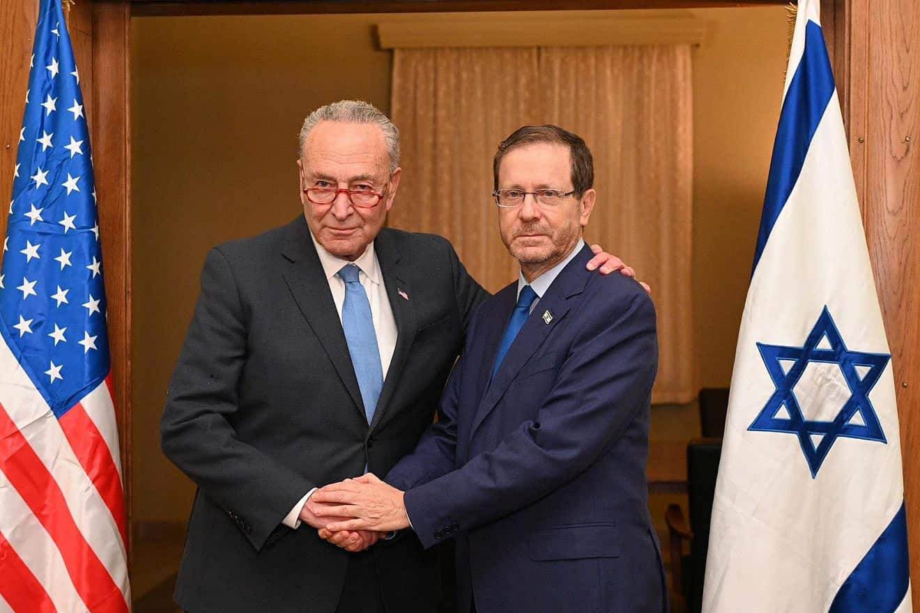 Senate Majority Leader Chuck Schumer (left) and Israeli President Herzog at IDF headquarters in Tel Aviv, Oct. 15, 2023. Photo by Haim Zach/GPO.