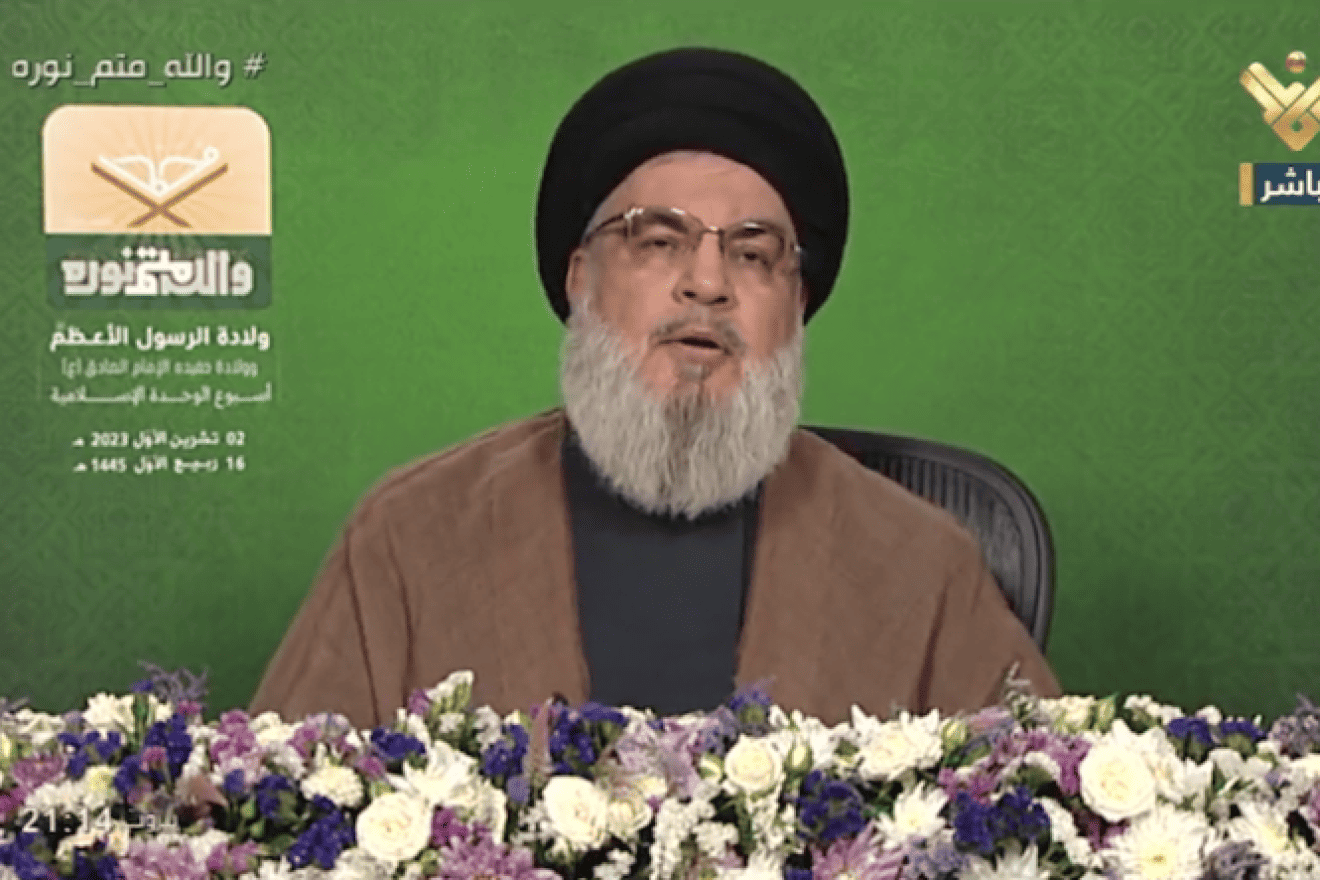 Hezbollah Secretary-General Hassan Nasrallah delivers an address, Oct. 2, 2023. Source: Screenshot.