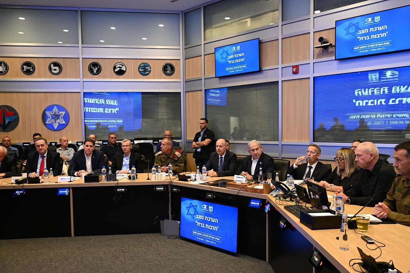 Prime Minister Benjamin Netanyahu convenes the Security Cabinet at the Kirya military headquarters in Tel Aviv after the surprise attack by Hamas, Oct. 7, 2023. Photo by Haim Zach/GPO.