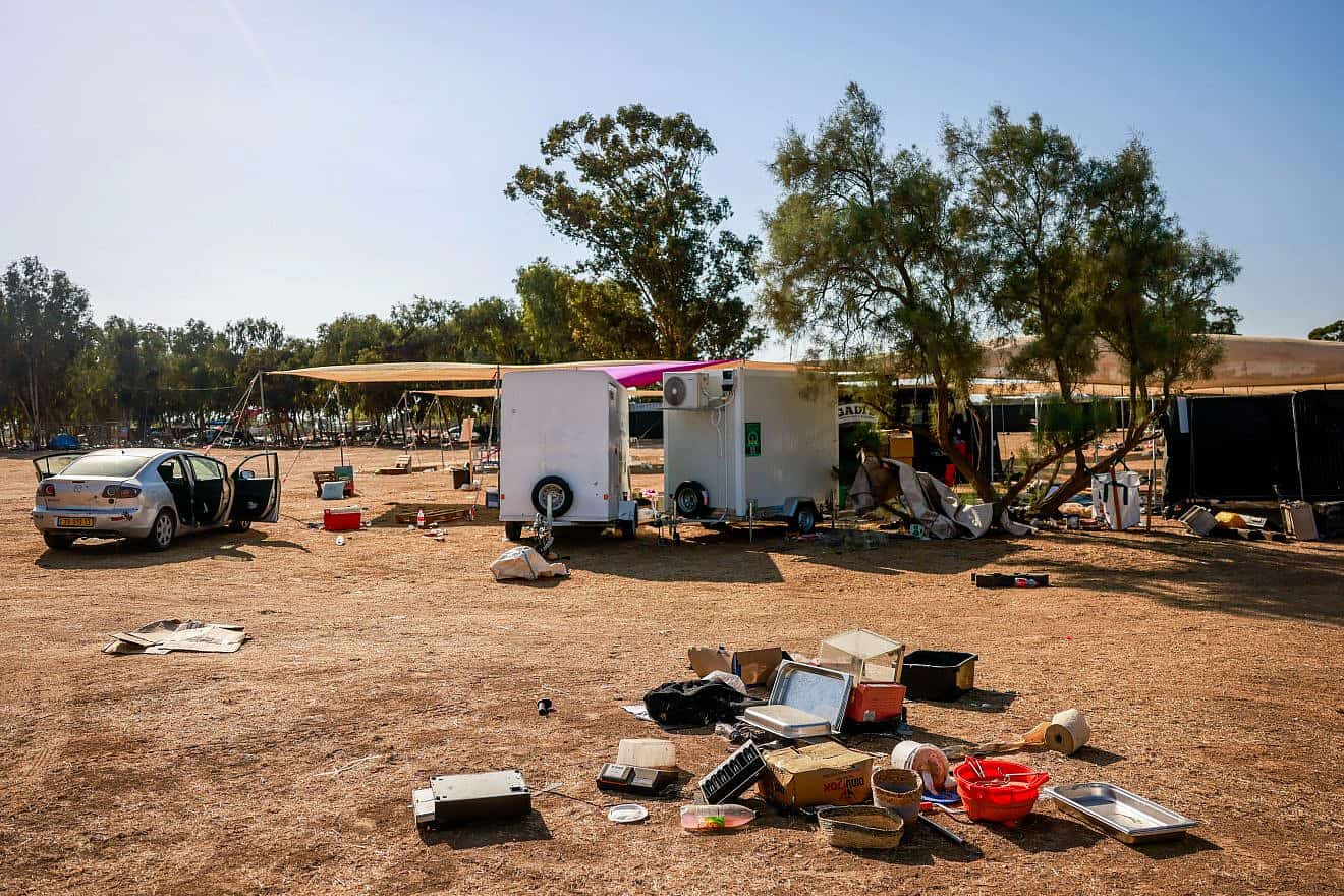 The site of ​​the music festival and party five days after hundreds of Israelis were killed and kidnapped by Hamas terrorists who infiltrated Israel through the border with the Gaza Strip, Oct. 12, 2023. Photo by Chaim Goldberg/Flash90.