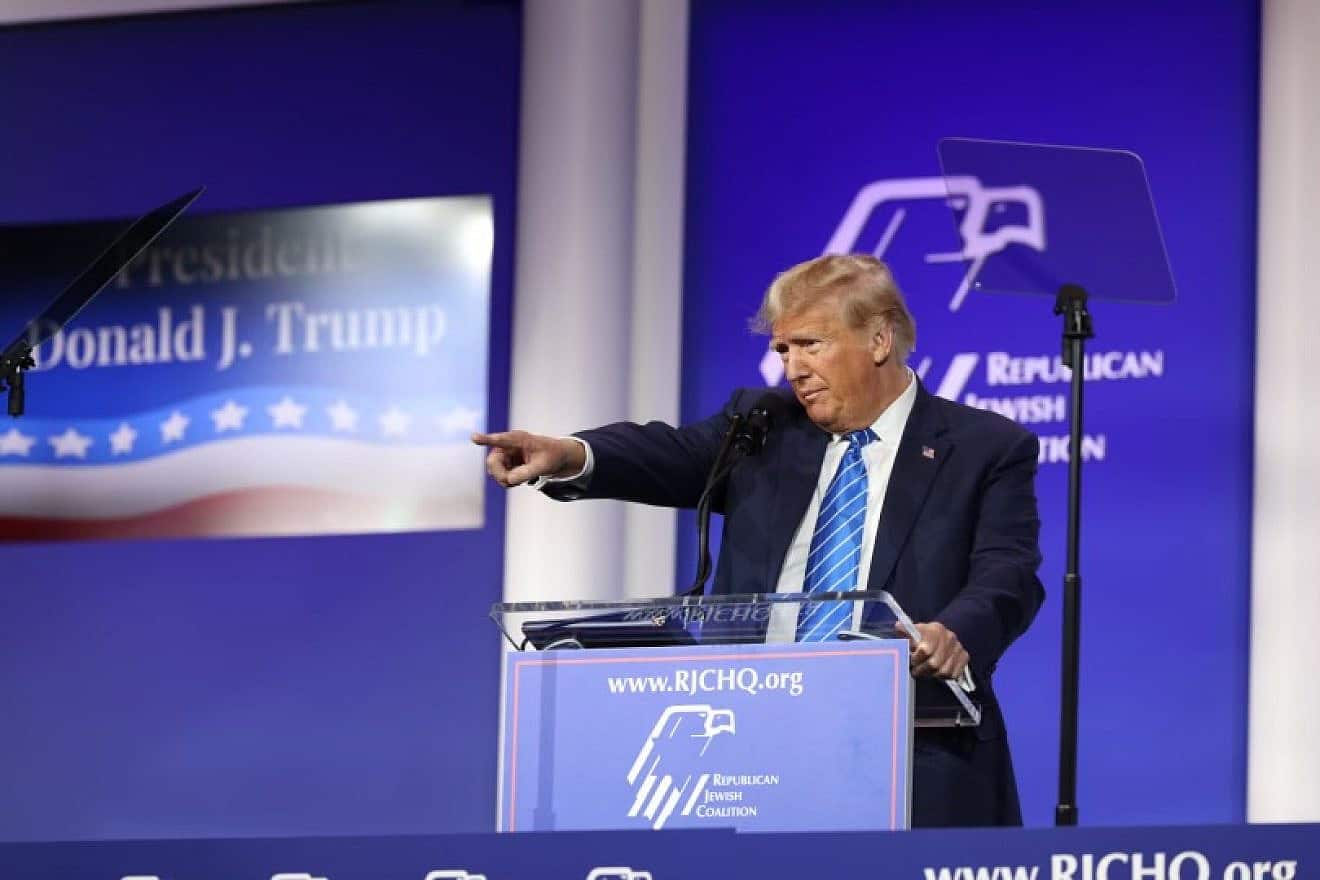 Former U.S. President Donald Trump, who is running for his old job, speaks at the Republican Jewish Coalition’s annual Leadership Summit in Las Vegas on Oct. 28, 2023. Credit: Courtesy of the RJC.