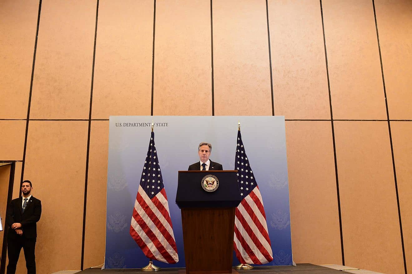 U.S. Secretary of State Antony Blinken holding a press conference in Tel Aviv, Oct. 12, 2023. Photo by Tomer Neuberg/Flash90.