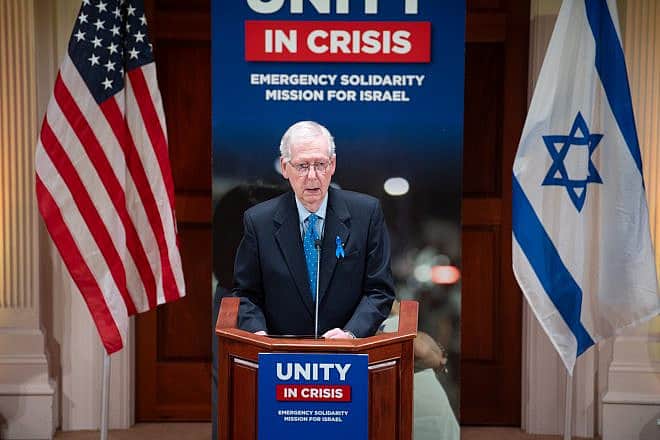 Senate Minority Leader Mitch McConnell (R-Ky.) speaks at Sixth & I before 50 American Jewish leaders visit Israel, on Oct. 18, 2023. Photo courtesy of Bo Harris.