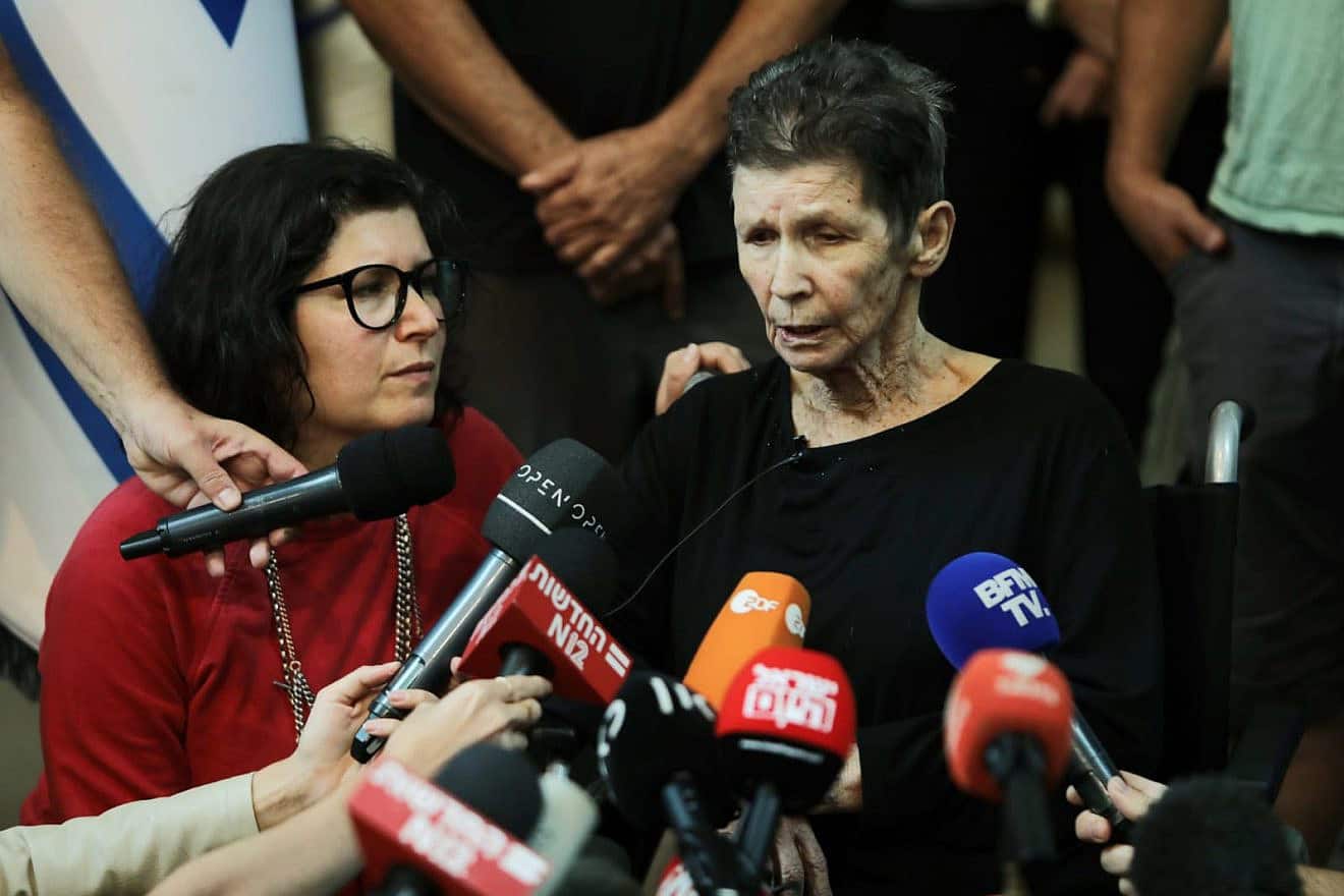 Yocheved Lifshitz, 85, speaks to reporters in Tel Aviv after Hamas released her, Oct. 24, 2023. Photo by Gideon Markowicz/TPS.