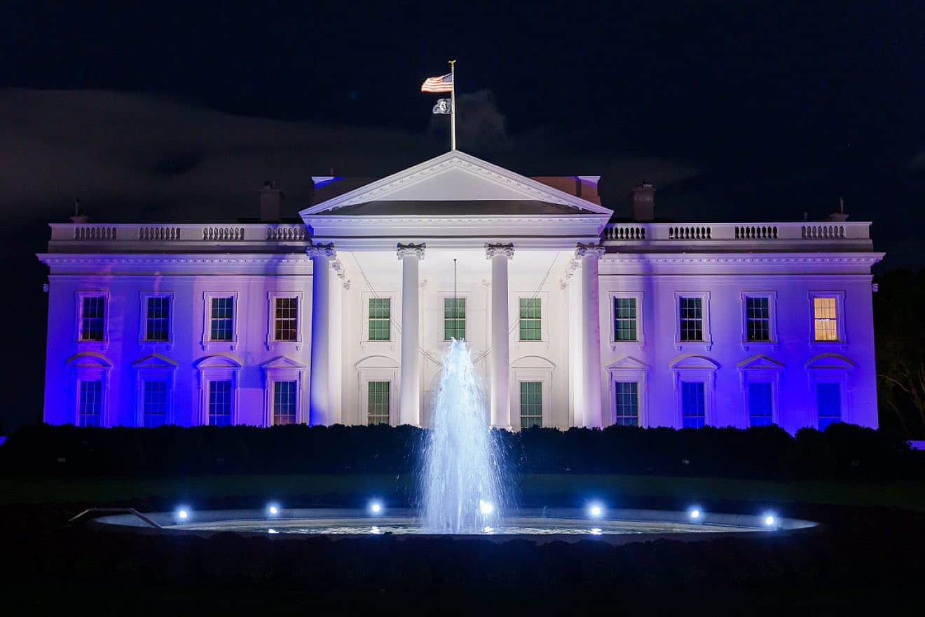 The White House lit in blue and white as a symbol of America's solidarity with the people of Israel in the wake of multi-pronged terrorist attacks by Hamas in the Gaza Strip, Oct. 9, 2023. Source: White House/X.