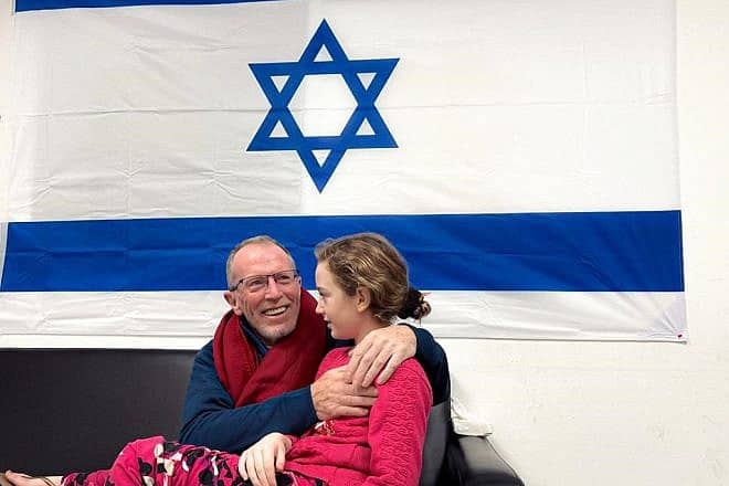 Emily Hand, 8, with her father, Thomas Hand, an Irish immigrant to Israel, in Ramat Gan after being freed from nearly two months of captivity in the Gaza Strip by Hamas, Nov. 25, 2023. Credit: IDF.