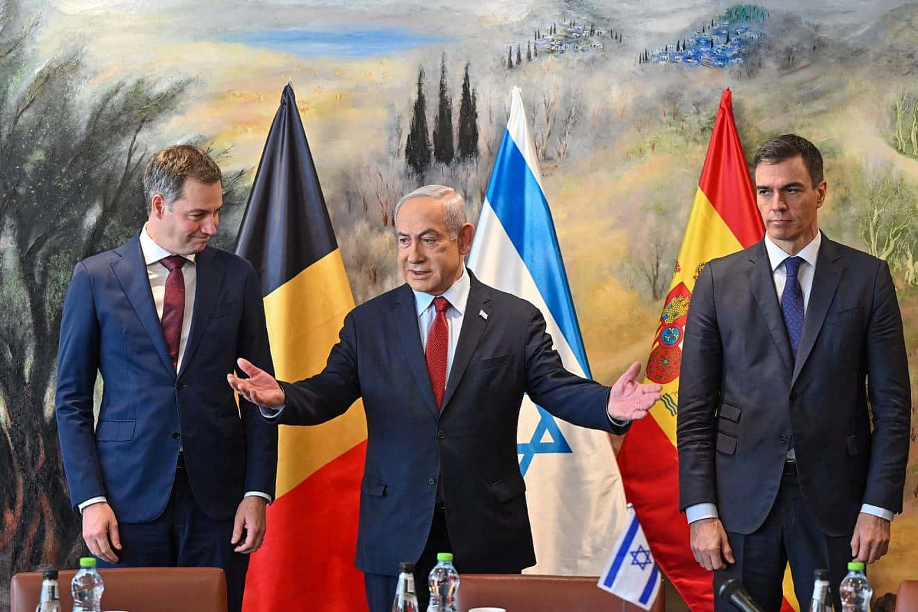 Israeli Prime Minister Benjamin Netanyahu meets in Jerusalem with his Belgian and Spanish counterparts, Alexander De Croo (left) and Pedro Sánchez, Nov. 23, 2023. Photo by Kobi Gideon/GPO.