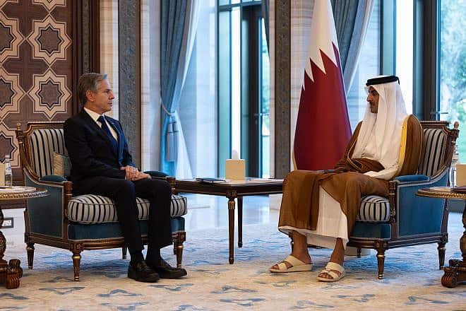 U.S. Secretary of State Antony Blinken (left) meets with Qatari Amir Sheikh Tamim bin Hamad Al Thani in Doha, Qatar on Oct. 13, 2023. Credit: Chuck Kennedy/U.S. State Department.