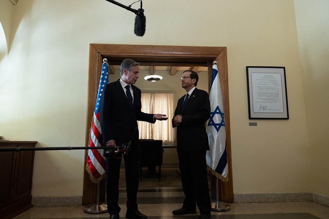 U.S. Secretary of State Antony Blinken meets with Israeli President Isaac Herzog in Tel Aviv on Nov. 3, 2023. Credit: Chuck Kennedy/U.S. State Department.