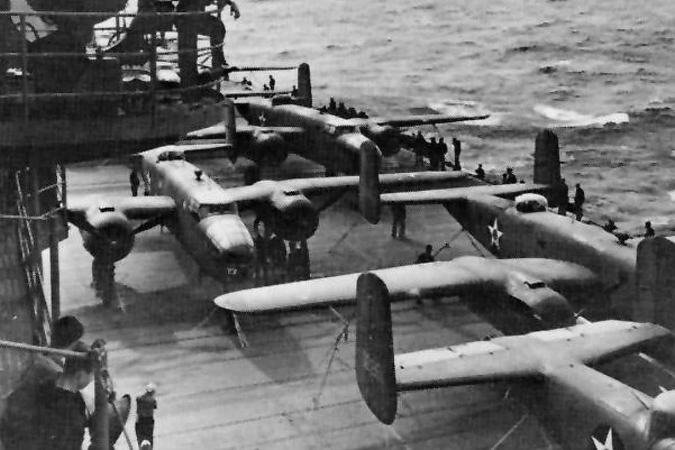 B-25 Mitchell bombers onboard the USS Hornet (CV-8) aircraft carrier during the Doolittle Raid operation; April 18, 1942. Credit: U.S. Navy via Wikimedia Commons.