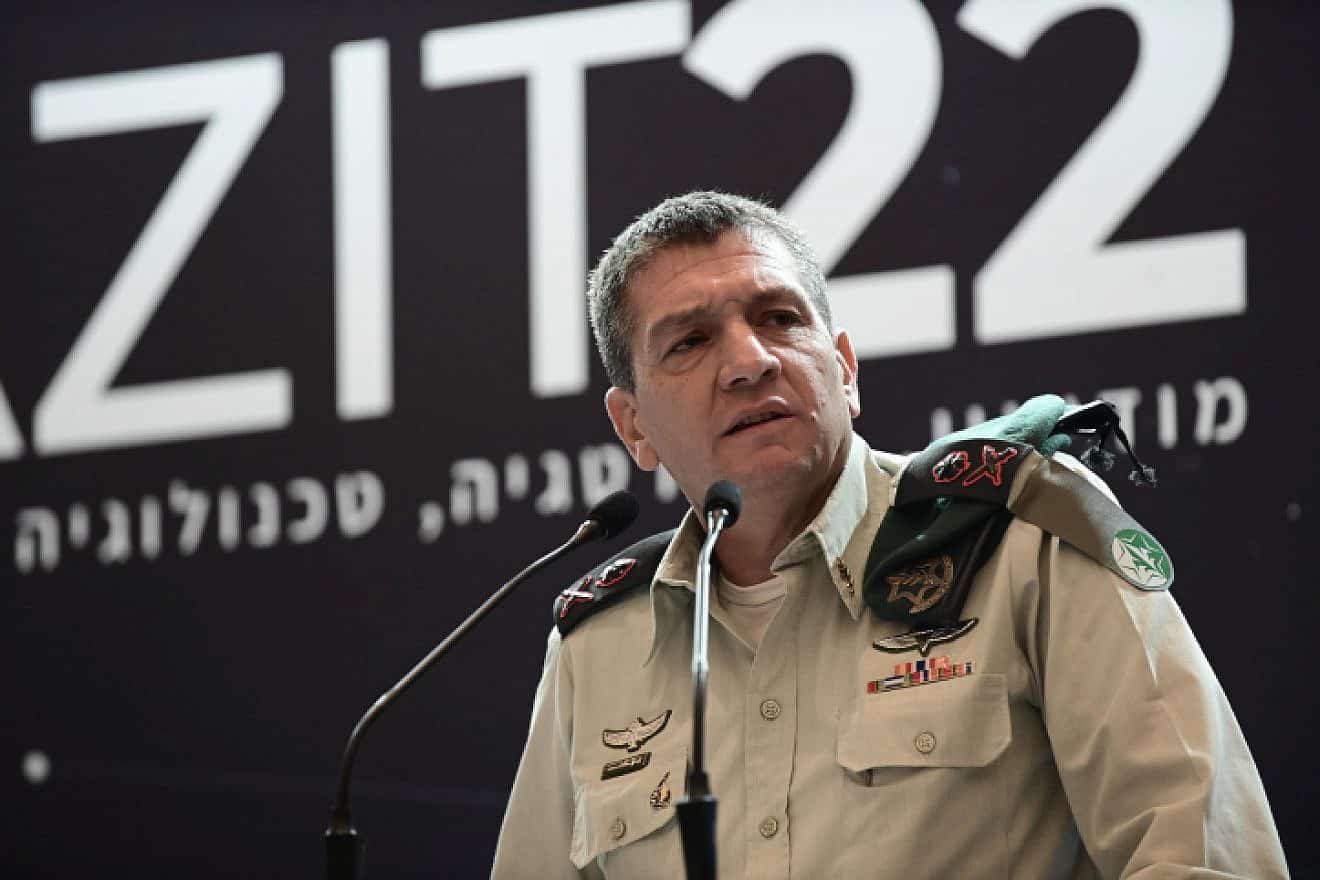 Commander of the IDF Military Intelligence Aharon Haliva speaks at a conference of the Gazit Institute in Tel Aviv, Nov. 5, 2022. Photo by Tomer Neuberg/Flash90.