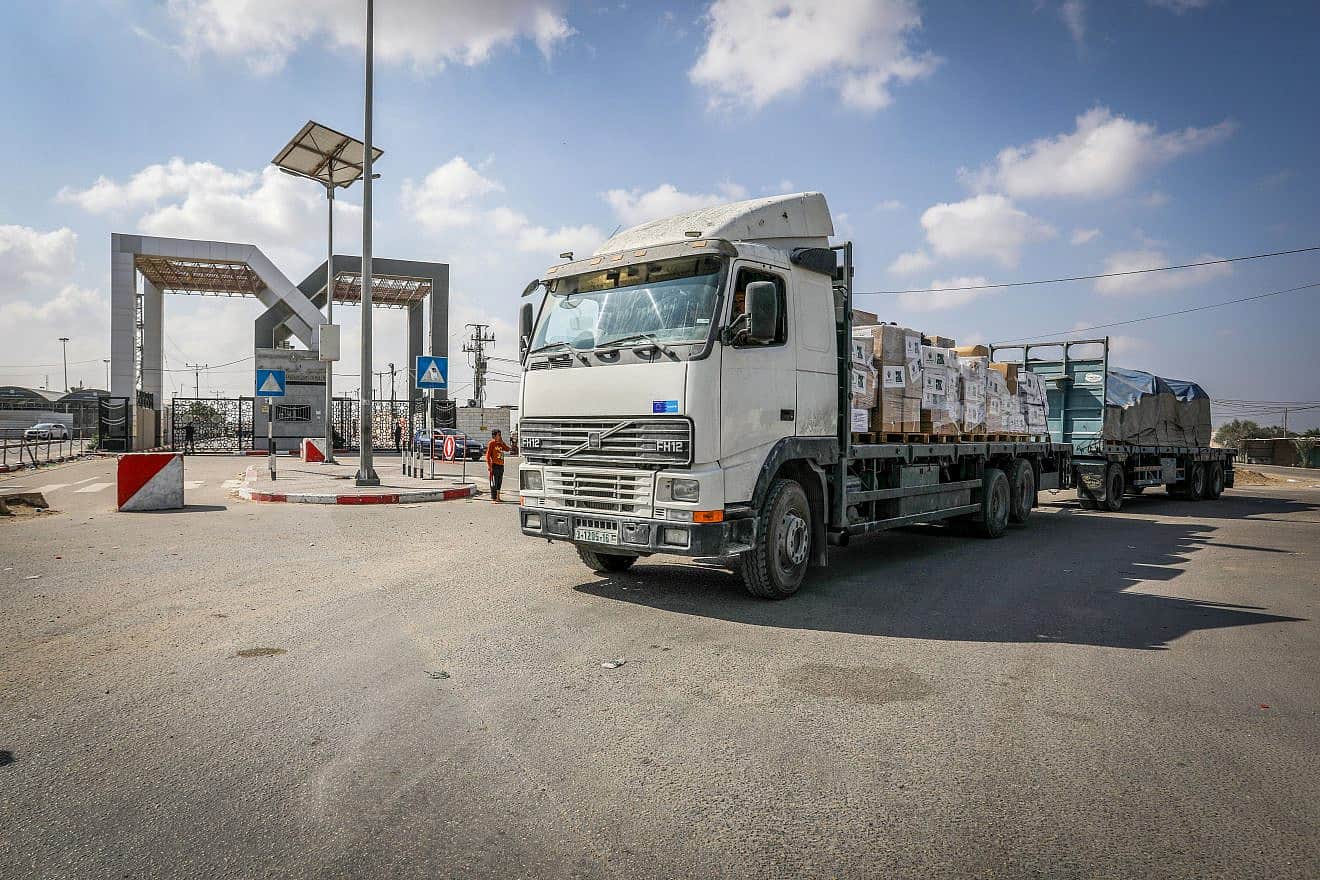 Trucks with humanitarian aid to Palestinian civilians in Gaza arrive via the Rafah border crossing with Egypt on Nov. 2, 2023. Photo by Abed Rahim Khatib/Flash90.