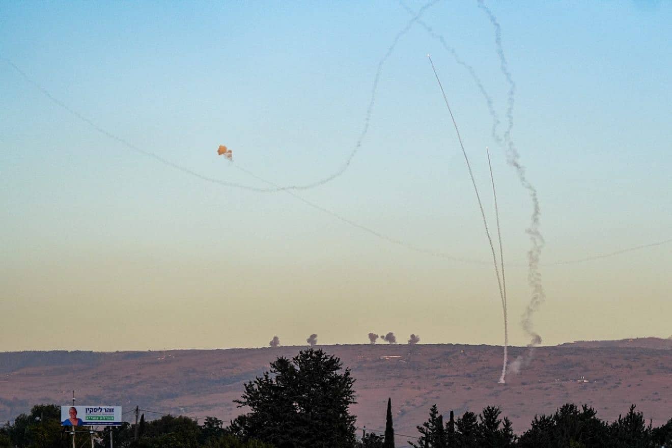 An Israeli aerial-defense system intercept rockets fired from Lebanon, Nov. 7, 2023. Photo by Ayal Margolin/Flash90.