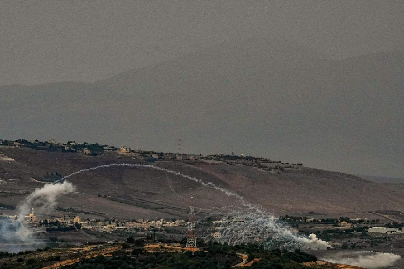 An exchange of fire between the Israel Defense Forces and Hezbollah terrorists on the Lebanon border, Nov. 12, 2023. Photo by Ayal Margolin/Flash90.