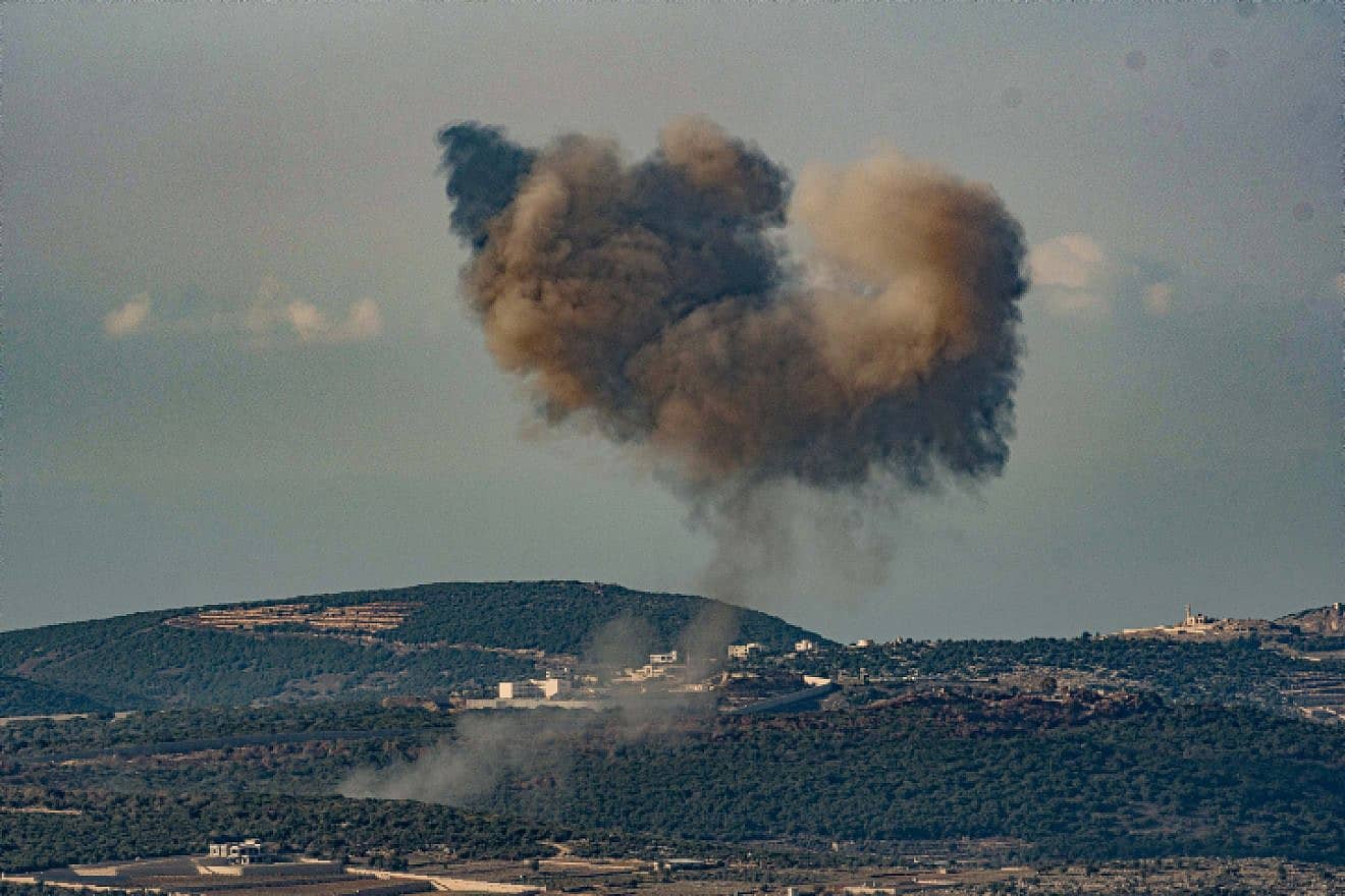 Smoke rises following an exchange of fire between the IDF and Hezbollah terrorists, Nov. 18, 2023. Photo by Ayal Margolin/Flash90.