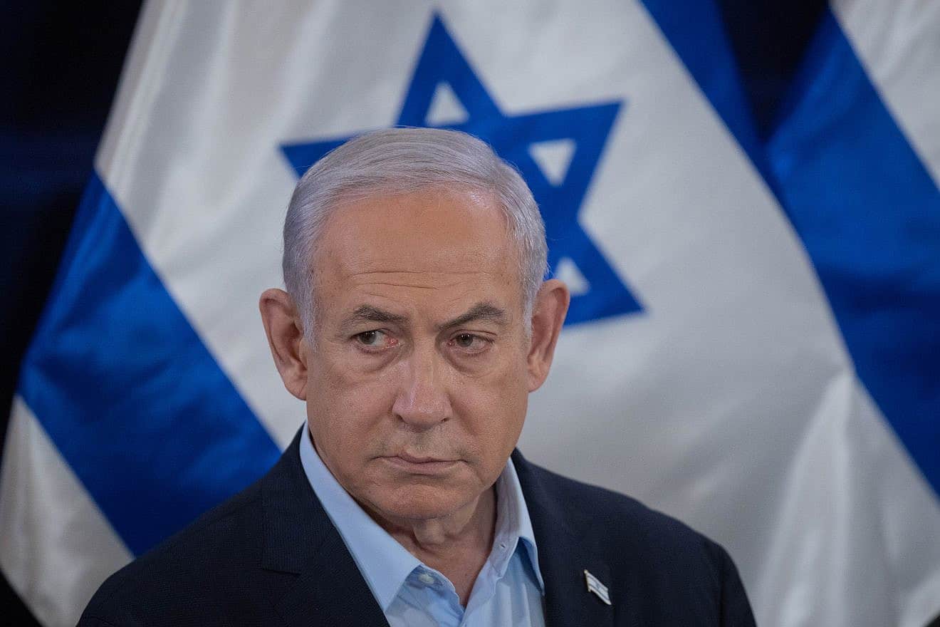 Israeli Prime Minister Benjamin Netanyahu attends a press conference at the Ministry of Defense in Tel Aviv. Nov. 22, 2023. Photo by Chaim Goldberg/Flash90.