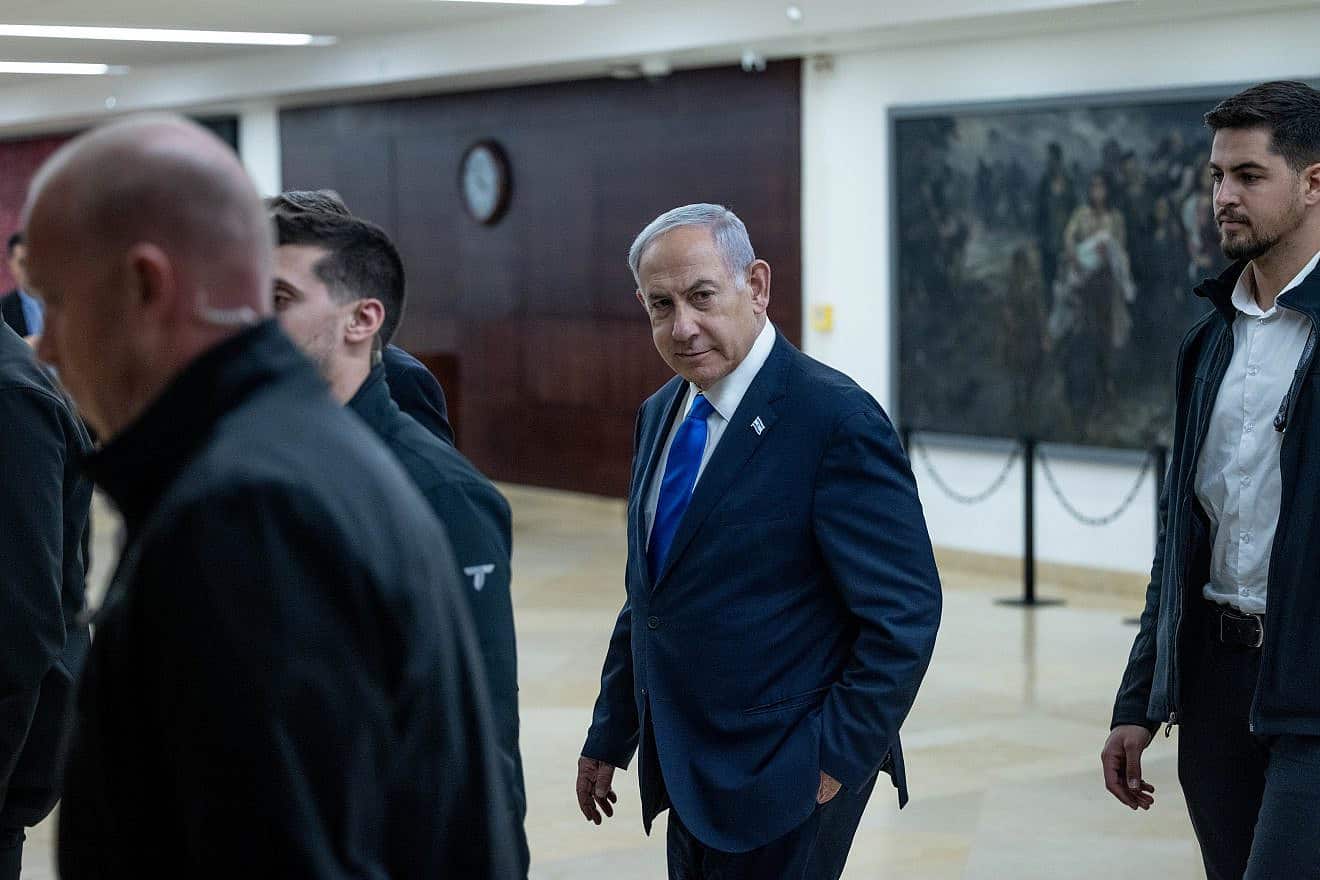 Israeli Prime Minister Benjamin Netanyahu arrives at the Knesset in Jerusalem on Nov. 27, 2023. Photo by Chaim Goldberg/Flash90.