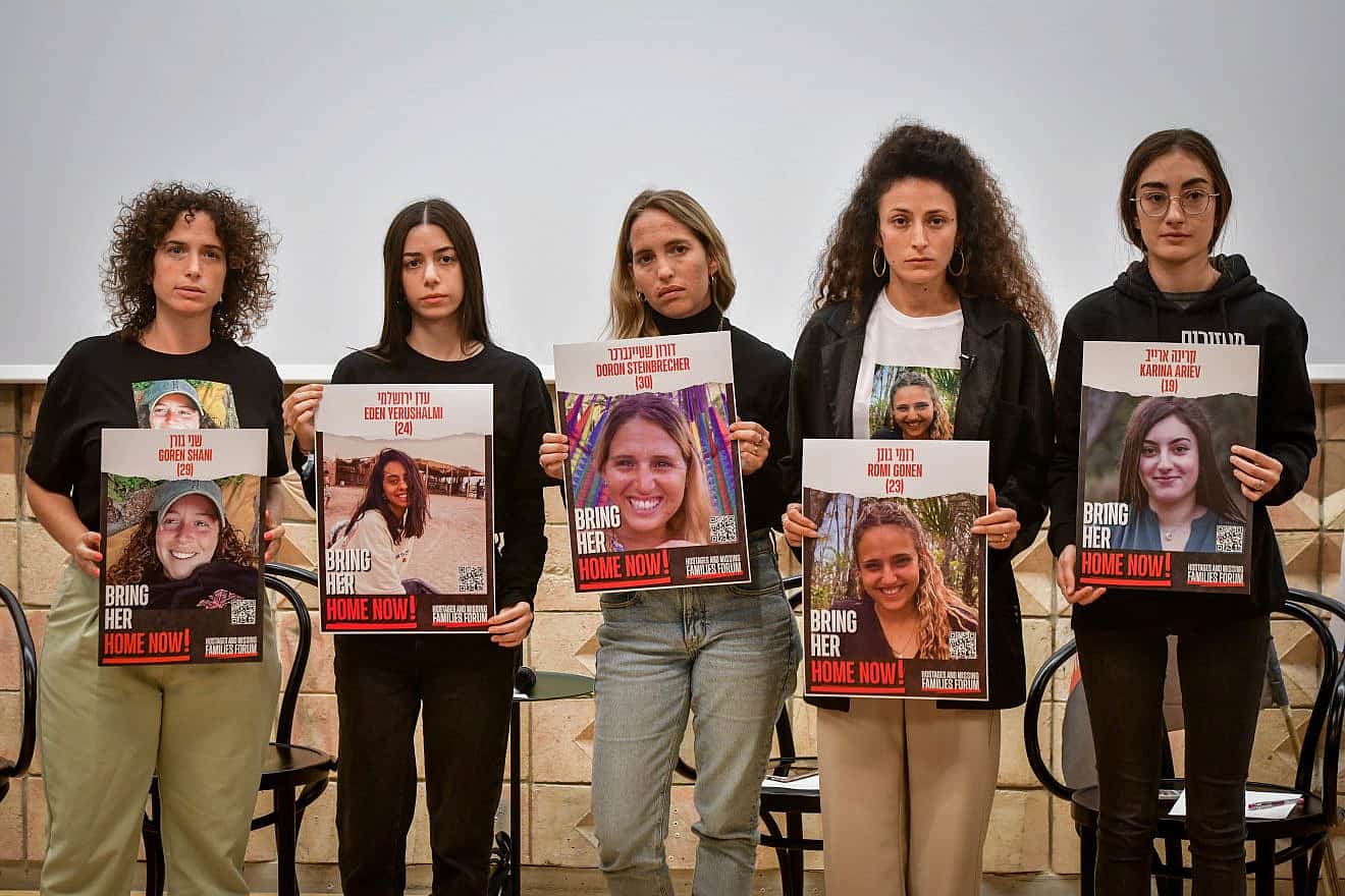 Relatives of Israelis held hostage by Hamas terrorists in Gaza since the Oct. 7 massacre hold a press conference in Tel Aviv, Nov. 29, 2023. Photo by Avshalom Sassoni/Flash90.