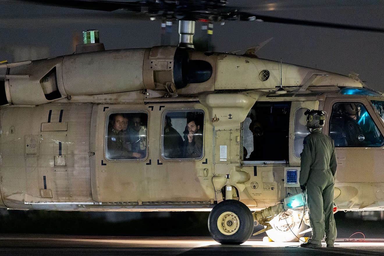 An Israeli military helicopter with released hostage Mia Shem arrives at the Sheba Medical Center in Ramat Gan, Nov. 30, 2023. Photo by Yonatan Sindel/Flash90.