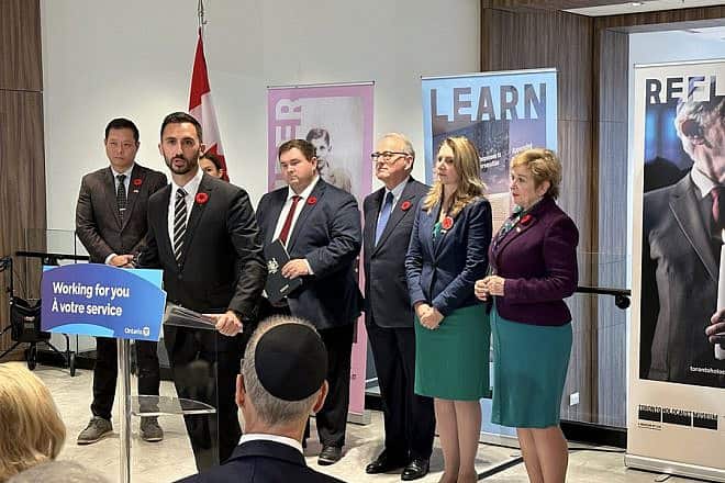 Ontario Minister of Education Stephen Lecce announces the expansion of Holocaust education in high schools at the Toronto Holocaust Museum on Nov. 1, 2023. Credit: Friends of Simon Wiesenthal Center.