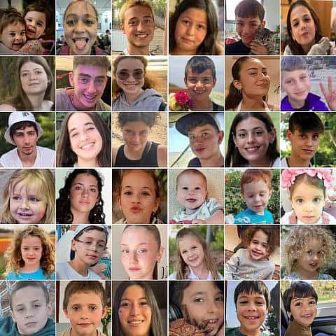 A picture collage of the 40 Israeli schoolchildren under the age of 18 being held by Hamas in Gaza. Source: X.