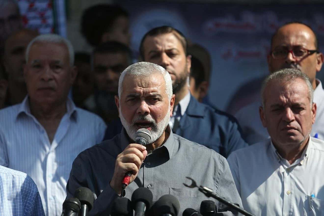 Hamas chief Ismail Haniyeh speaks at a protest in Gaza, Sept. 30, 2019. Photo by Majdi Fathi/TPS.