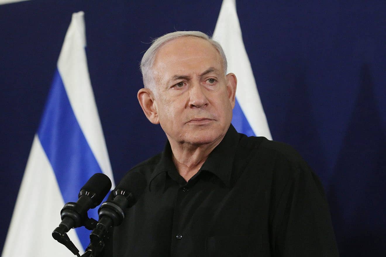 Israeli Prime Minister Benjamin Netanyahu speaks at a press conference at  the Ministry of Defense in Tel Aviv on Oct. 28, 2023. Photo by Dana Kopel/POOL.