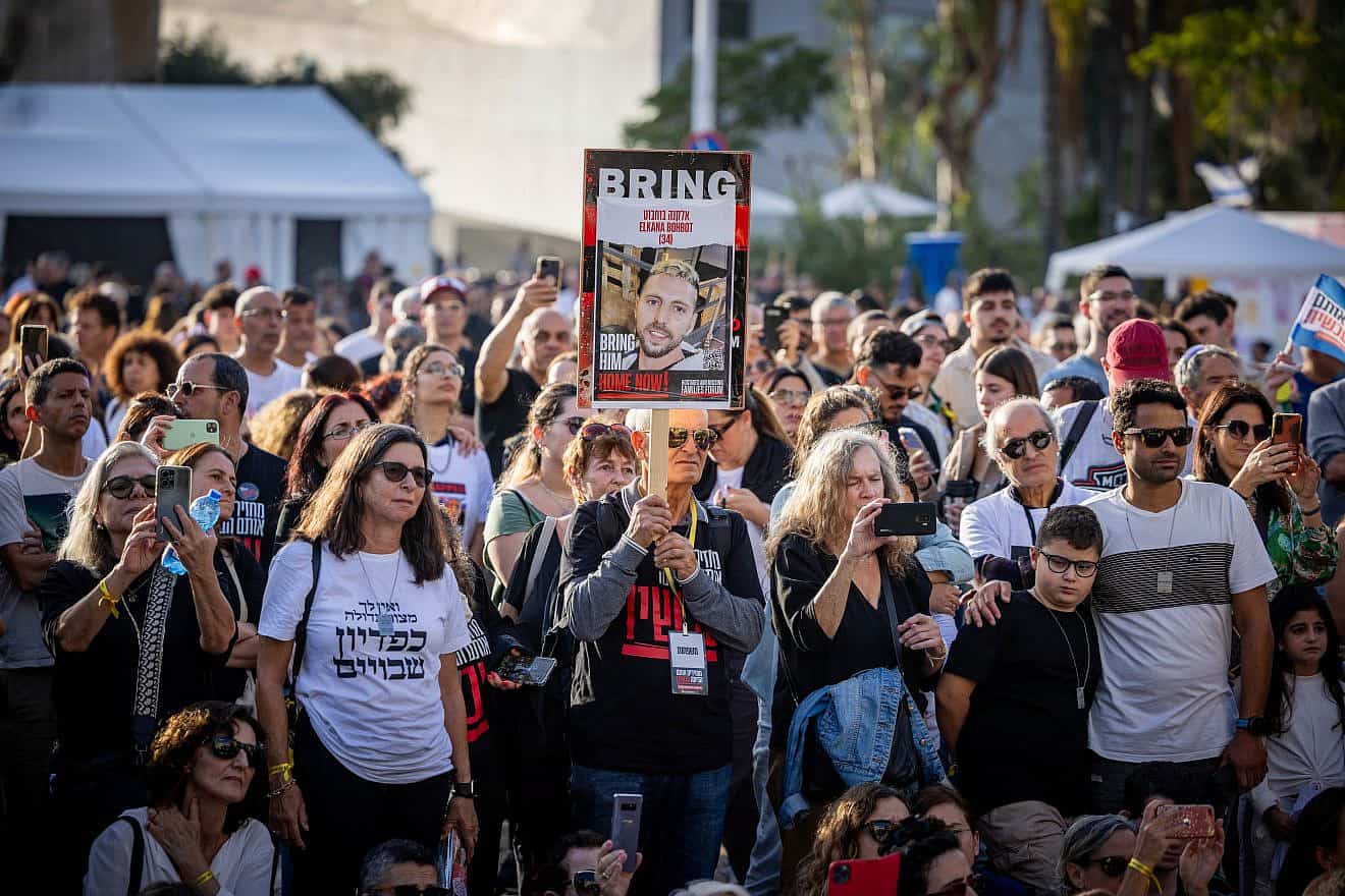 Israelis in Tel Aviv rally for the release of hostages being held by Hamas in the Gaza Strip, Nov. 24, 2023. Photo by Yonatan Sindel/Flash90.