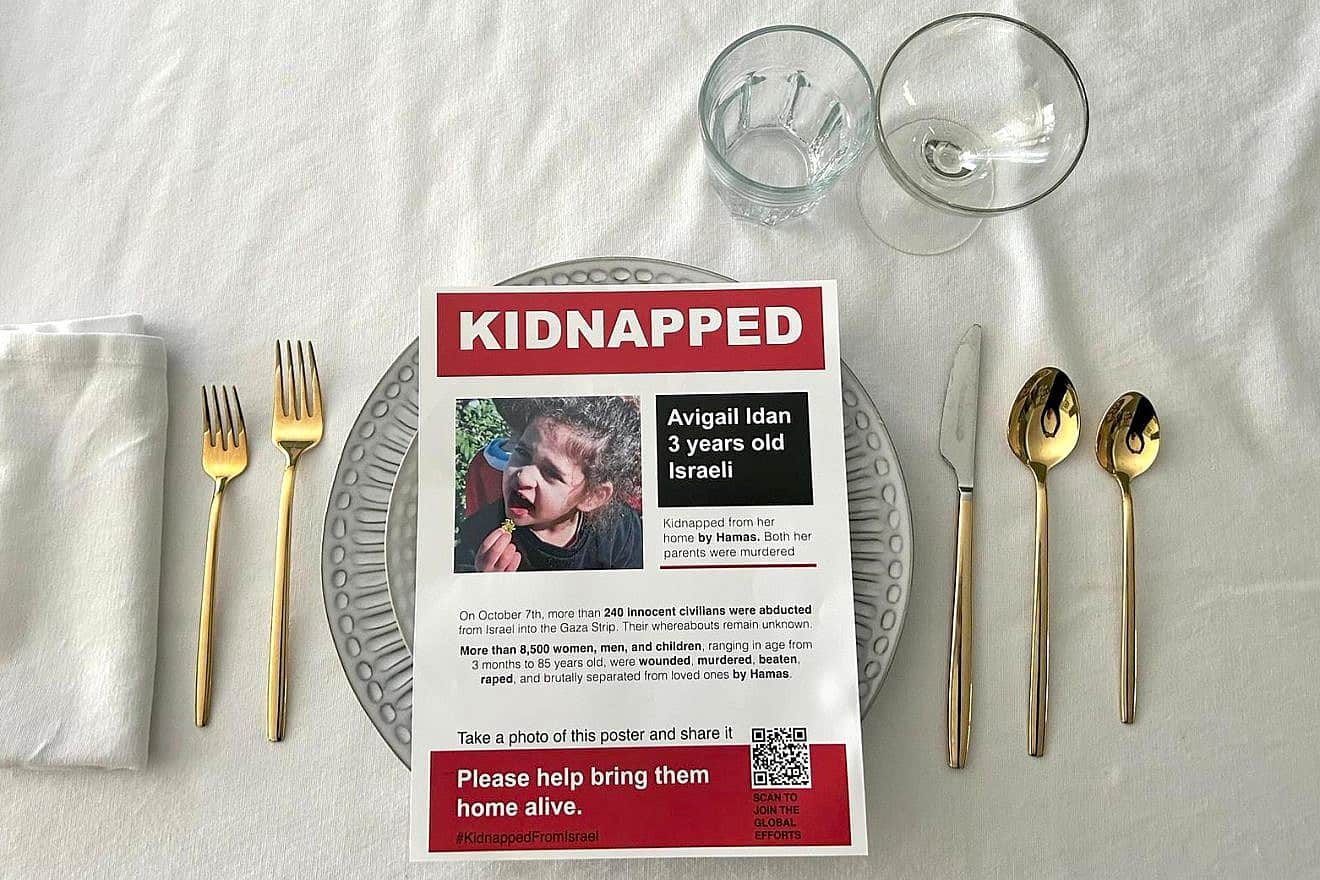 A Thanksgiving place setting for Avigail Idan, a 3-year-old hostage whom terrorists are holding in Gaza and who turned four on Nov. 24, 2023. Credit: Lyndsey Fifield.