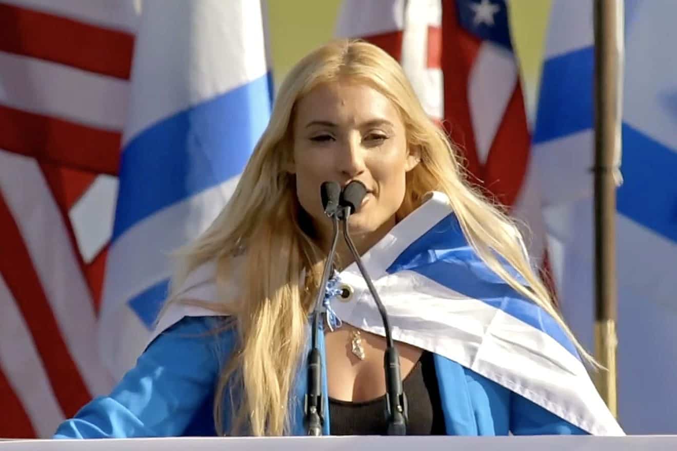 Social-media influencer Montana Tucker addresses an estimated 200,000 at the “March for Israel” rally in Washington, D.C., on Nov. 14, 2023. Source: Screenshot.