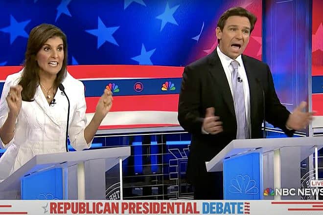 Nikki Haley, a former ambassador and former governor, and Florida Gov. Ron DeSantis at the third Republican primary debate in Miami on Nov. 8, 2023. Source: YouTube/NBC News.