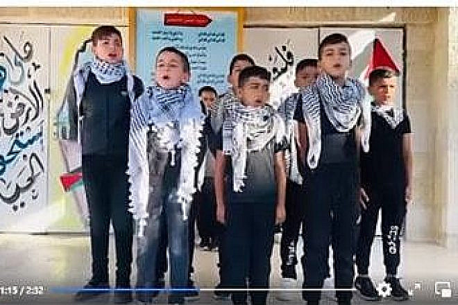 Children sang at a rally to celebrate the Oct. 7 Hamas massacre, at the Azzun Elementary School for Boys in Qalqilya. Source: Facebook.