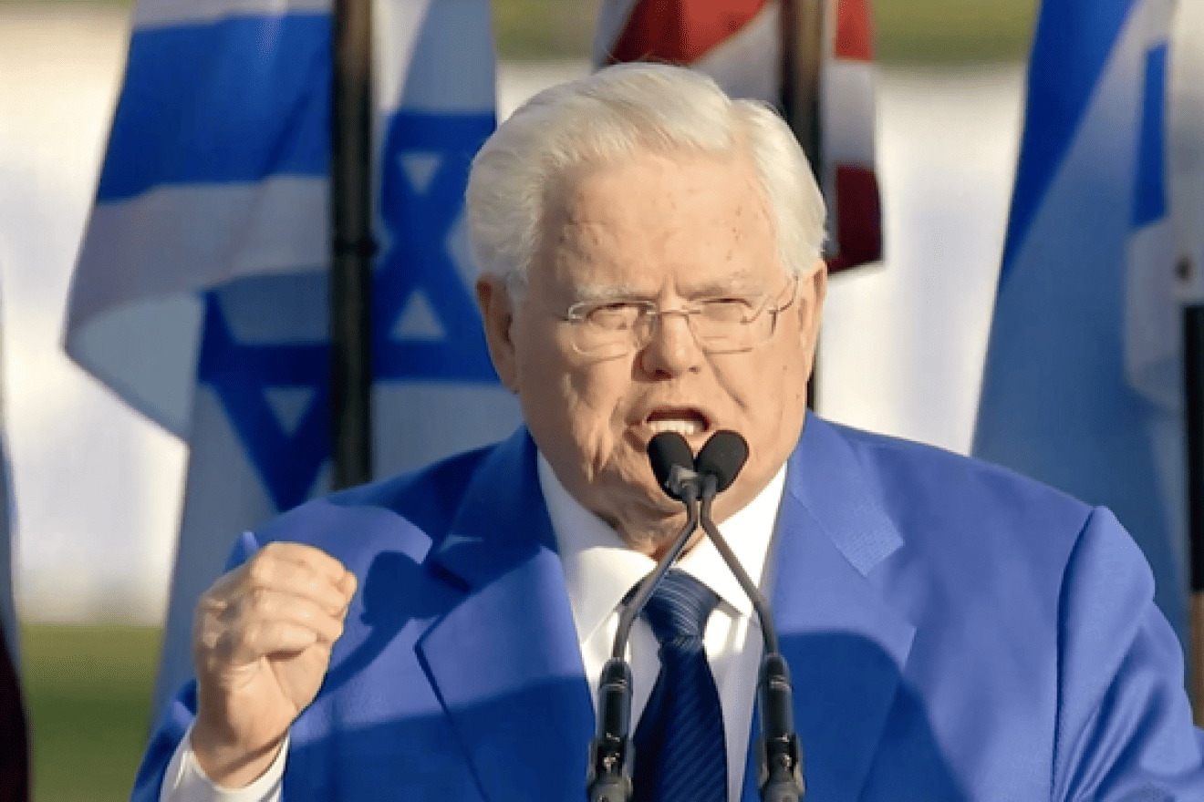 Pastor John Hagee, founder and chairman of Christians United for Israel, addresses the nearly 300,000 attendees of the “March for Israel” rally in Washington, D.C., on Nov. 14, 2023. Source: Screenshot.