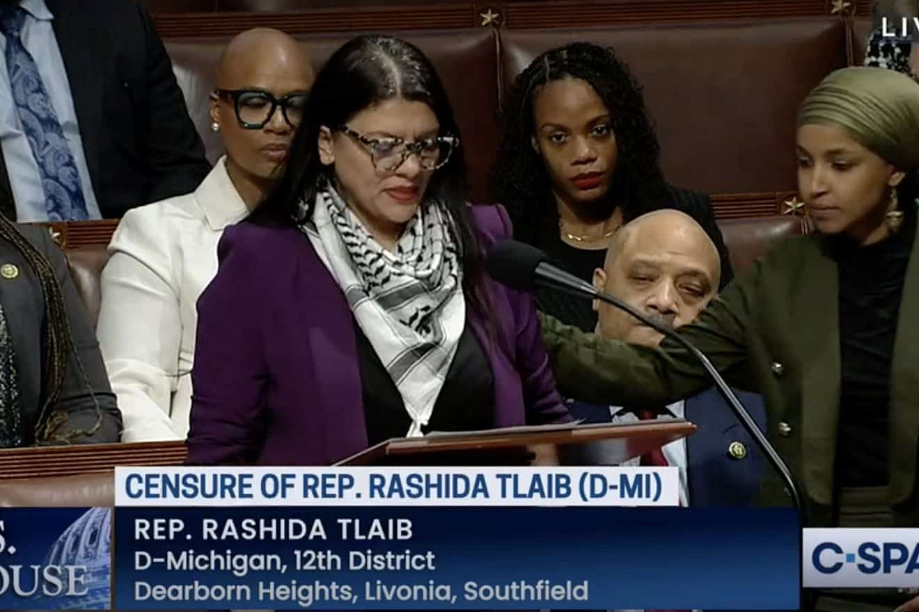 Rep. Ilhan Omar (D-Minn.) consoles Rep. Rashida Tlaib (D-Mich.), who tears up as she speaks about the war between Israel and Hamas on the House floor on Nov. 7, 2023. Credit: C-SPAN screenshot.