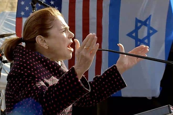 The actress Tovah Feldshuh addresses an estimated 200,000 at the “March for Israel” rally in Washington, D.C., on Nov. 14, 2023. Source: Screenshot.
