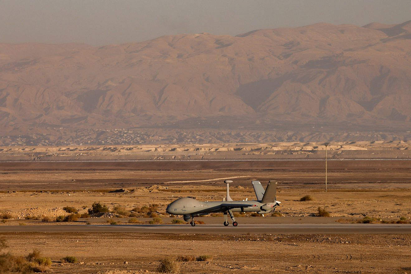 An Unmanned Aerial Vehicle (UAV) before departure in the Dead Sea in southern Israel on Nov. 9, 2023. Photo by Chaim Goldberg/Flash90.