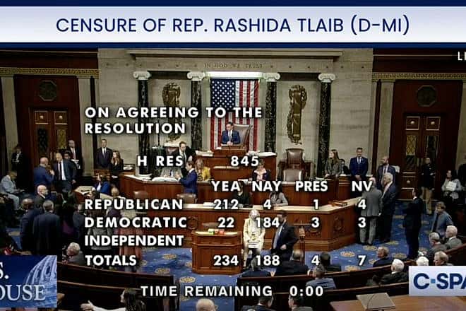 Final tally in U.S. House of Representatives censure of Rep. Rashida Tlaib on Nov. 7, 2023. Source: C-SPAN/screenshot.