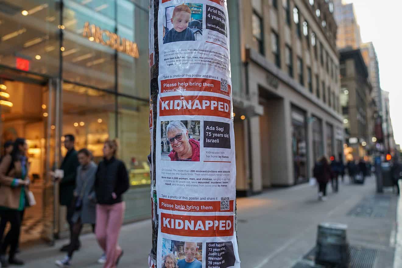 Posters in Manhattan showing kidnapped Israelis after the attack of Hamas on Oct. 7, 2023. Credit: Leonard Zhukovsky/Shutterstock.