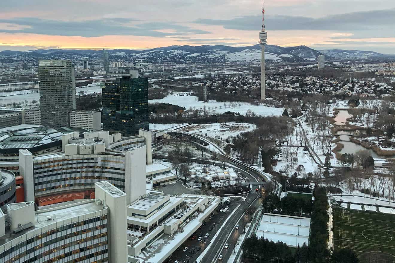 The Vienna International Center (bottom left), home to the International Atomic Energy Agency (IAEA), viewed from the offices of the U.S. Mission to International Organizations in Vienna, Austria. Credit: Justen Thomas/U.S. Department of State.
