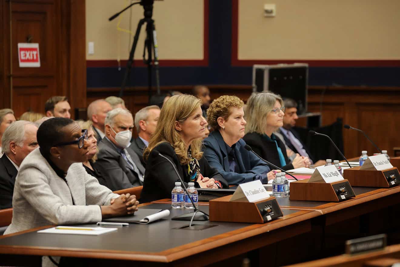 From left: Claudine Gay (Harvard University president), Elizabeth Magill (University of Pennsylvania president), American University professor Pamela Nadell and Sally Kornbluth (Massachusetts Institute of Technology president) testify during a House committee hearing about antisemitism on campus on Dec. 5, 2023. Credit: House Committee on Education and the Workforce.